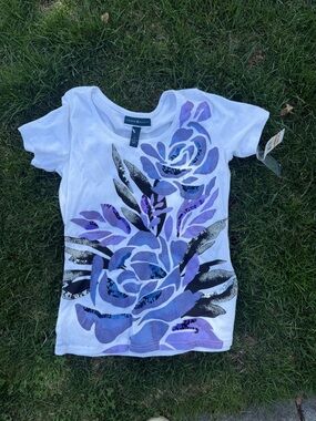 Karen Scott White T-Shirt with Purple Floral Sequin Design